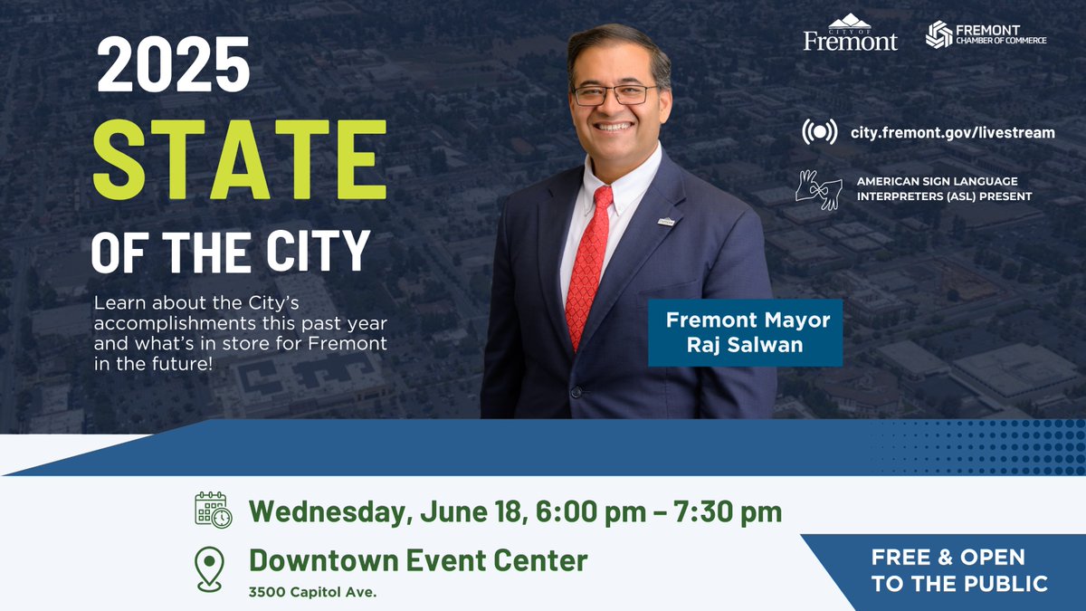 Don't miss out on Fremont’s annual State of the City Address on Wednesday, June 18, 2025, from 6:00 to 7:30 PM at the Downtown Event Center, 3500 Capitol Ave. The event is free and open to all. It will be live-streamed at city.fremont.gov/livestream.