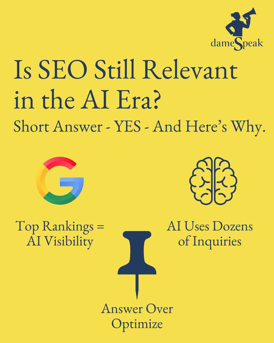 A new study of 25K searches shows:
📍Top Google rankings = AI visibility
📍AI pulls dozens of related queries
📍“Best answers” > “Best pages”

Think of AI as a super searcher.
DM us for SEO assistance or visit: dameSpeak.com

#AISearch #dameSpeak #KansasCity