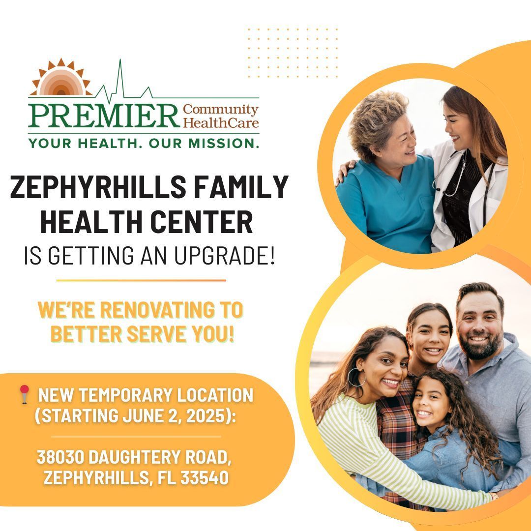 It’s been a week since Premier’s Zephyrhills Family Health Center began seeing patients at our temporary location, and we’re excited to continue serving you! 💛 
📍 New Address: 38030 Daugherty Road 
Zephyrhills, FL 33540 
Need to schedule an appointment? 
Call us at 352-518-2000