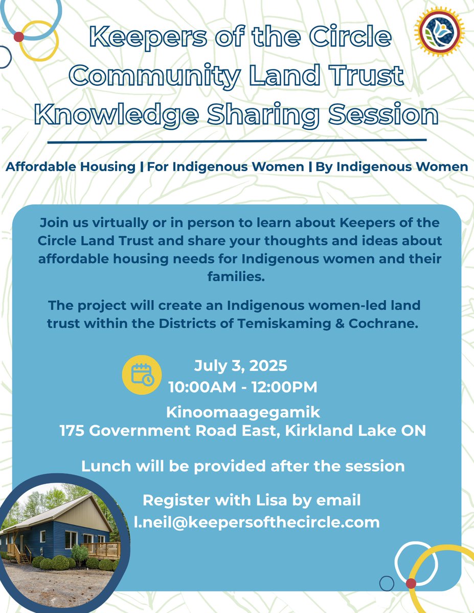 Join our Community Land Trust Session 🏡
📅 July 3, 10AM–12PM
🌐🤝 Hybrid | 📍 Kinoomaagegamik 175 Government Road 
🥗 Lunch after
📧 l.neil@keepersofthecircle.com
🔗 loom.ly/-S1M8SA