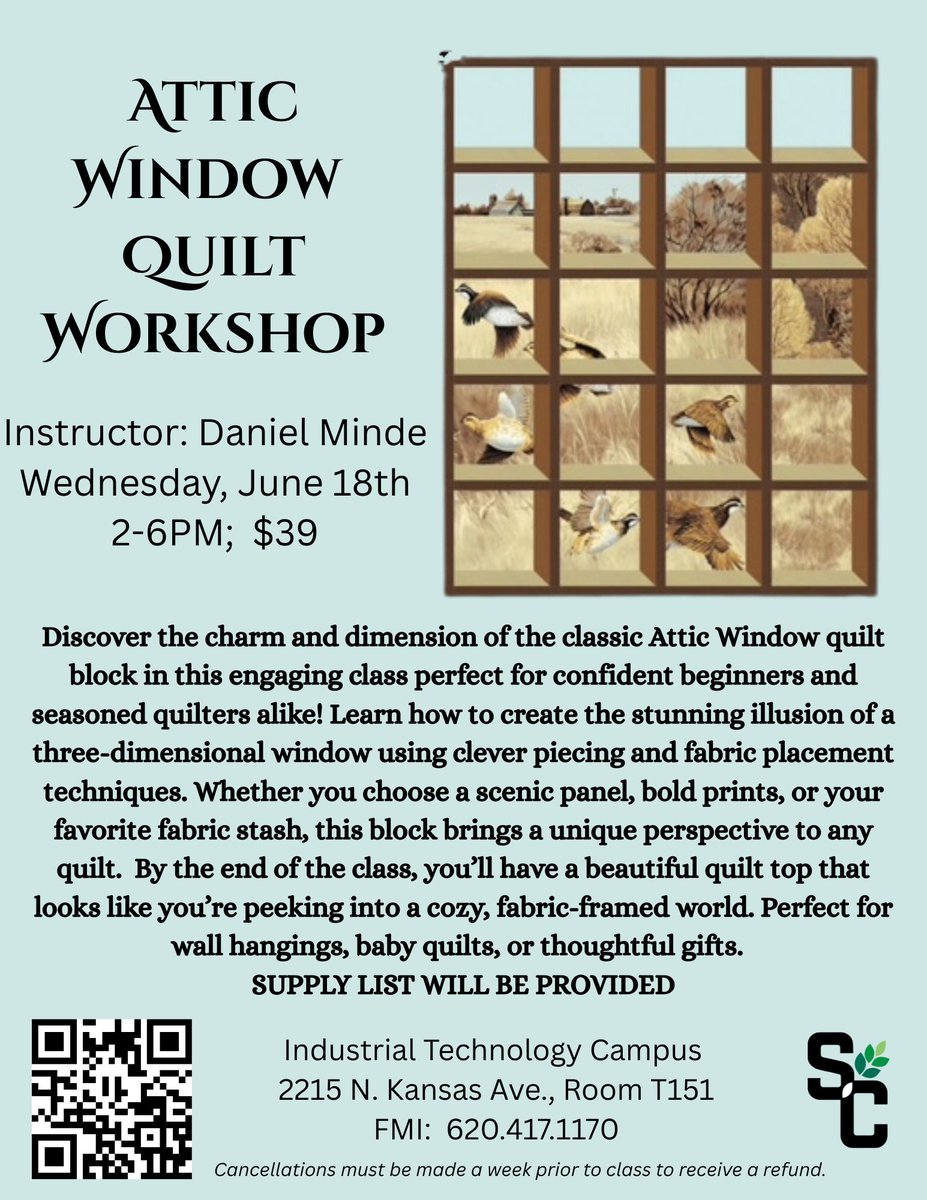 SCCC Business and Industry (@b_sccc) on Twitter photo Learning to quilt or want to try a new pattern? Join us for an Attic Window Quilt Workshop next week. Find a panel you love & we will give you a supply list for the class. No sewing machine? We have 6 that can be used for this class.
Register online at: dynamicforms.ngwebsolutions.com/Submit/Page?fo… Learning to quilt or want to try a new pattern? Join us for an Attic Window Quilt Workshop next week. Find a panel you love & we will give you a supply list for the class. No sewing machine? We have 6 that can be used for this class.
Register online at: dynamicforms.ngwebsolutions.com/Submit/Page?fo…