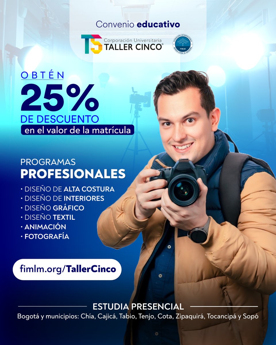 #ConveniosEducativos | 🎓✨ Obtén el 25% de descuento en carreras profesionales como: Diseño de alta costura, Diseño gráfico, Fotografía, entre otras. 

🚨 Inscríbete: fimlm.org/TallerCinco  
📍 Aplica para Bogotá y municipios cercanos. 
Cierre de inscripciones: 15 de junio.