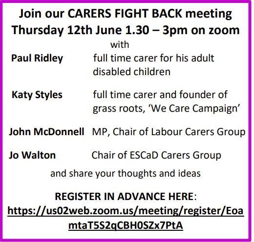 Register here for ESCaD's online public meeting on CARERS FIGHT BACK!  Carers are in the eye of the storm along with disabled people. Hear John McDonnell and others' stories and help ESCaD fight back. Register here!
us02web.zoom.us/meeting/regist…