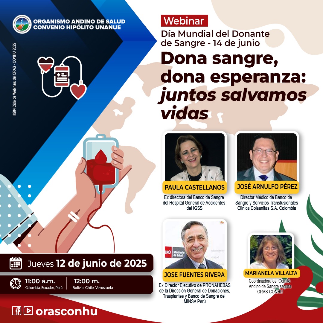 🌎  Este jueves, en el webinar por el Día Mundial del Donante de Sangre" presentamos: "Dona sangre, dona esperanza: Juntos salvamos vidas".  ¡Te esperamos!

⏰  12/06. 11:00 am (hora Perú)
🌐 Inscripción:  forms.office.com/e/dfZsYsJeNL
📧 Se entregarán certificados de asistencia