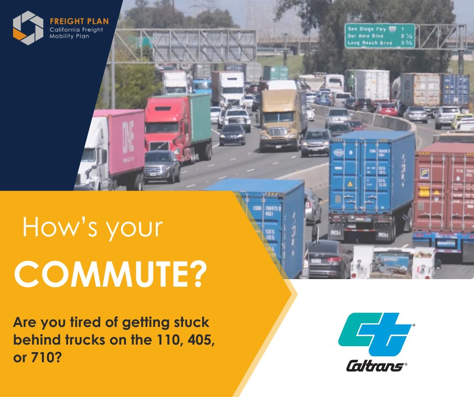 CaltransOC's tweet photo. Tired of traffic on the 110, 405, or 710? πππWe are working on solutions and want your input by July 15. Help improve your commute by taking our short survey today!
https://t.co/s3QjabyYge
#CAFreightPlan #FreightMobility https://t.co/VPfl7oVmKk