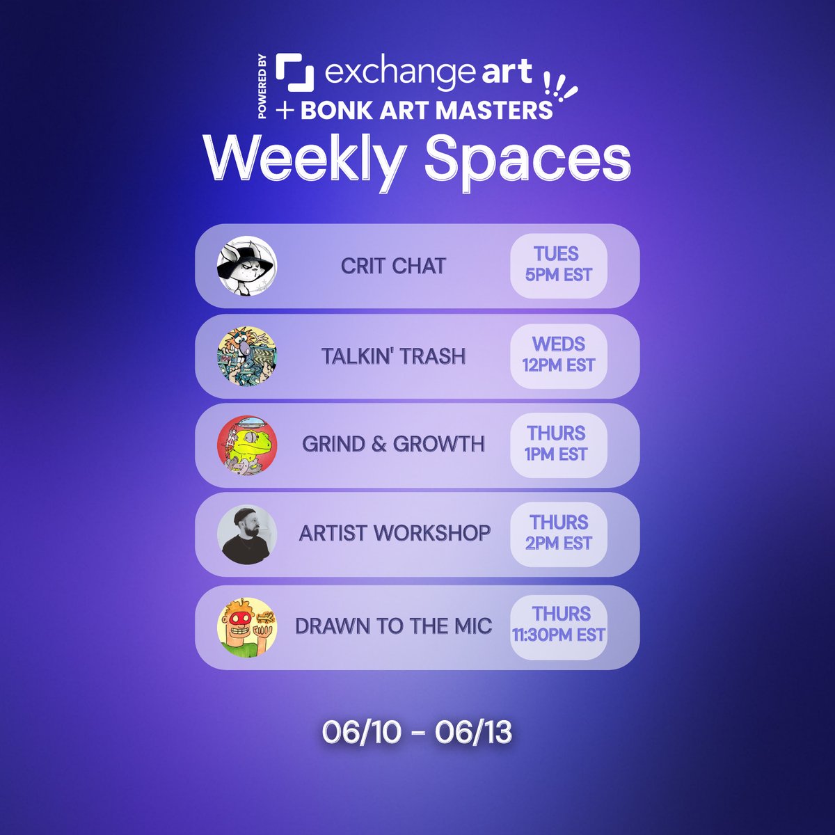 Ignite your creative spark and fuel your artistic fire, with another week of enriching conversations.

It’s the EA weekly spaces lineup 🔥

Set your reminders 👇🏽