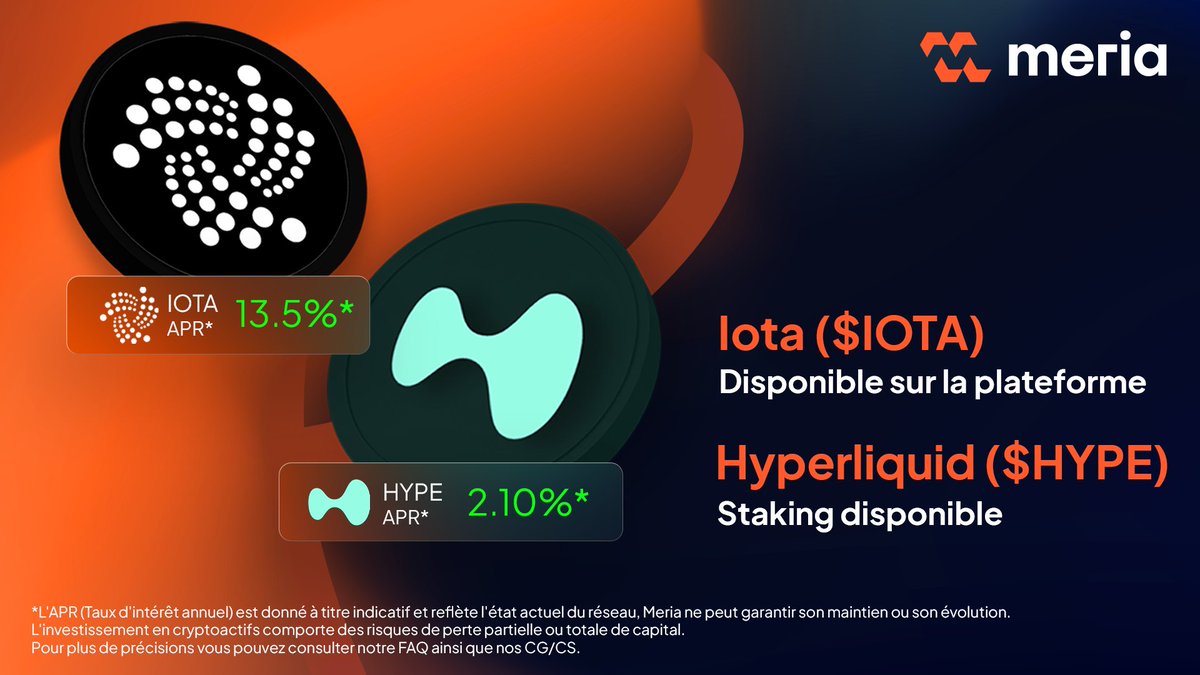 Meria_Finance's tweet image. Nouveau listing sur Meria !

Le token $IOTA de @iota est disponible sur notre plateforme

🔸Achat
🔸Échange
🔸Staking

👉 Le token $HYPE d'@HyperliquidX  peut désormais être mis en staking sur notre plateforme

⚠️ Pour des raisons de conformité, nous ne sommes pas en mesure de…