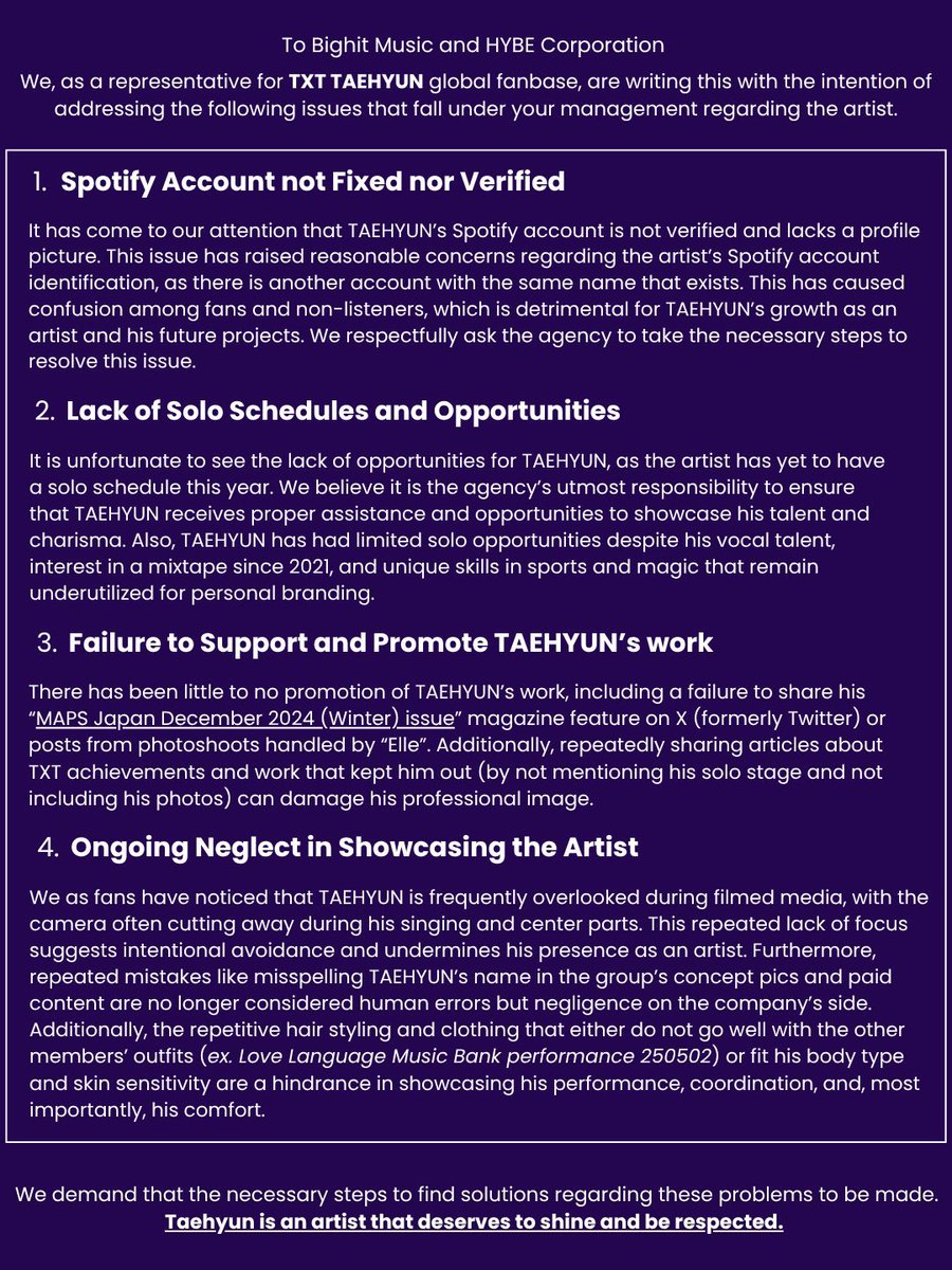 With his continuous effort and dedication, Taehyun — a devoted artist with outstanding talent — deserves to be treated better.

#BIGHIT_SUPPORT_TAEHYUN 
#LET_TAEHYUN_SHINE
<a href="/BIGHIT_MUSIC/">BIGHIT MUSIC</a> <a href="/TXT_bighit/">TXT OFFICIAL</a>
