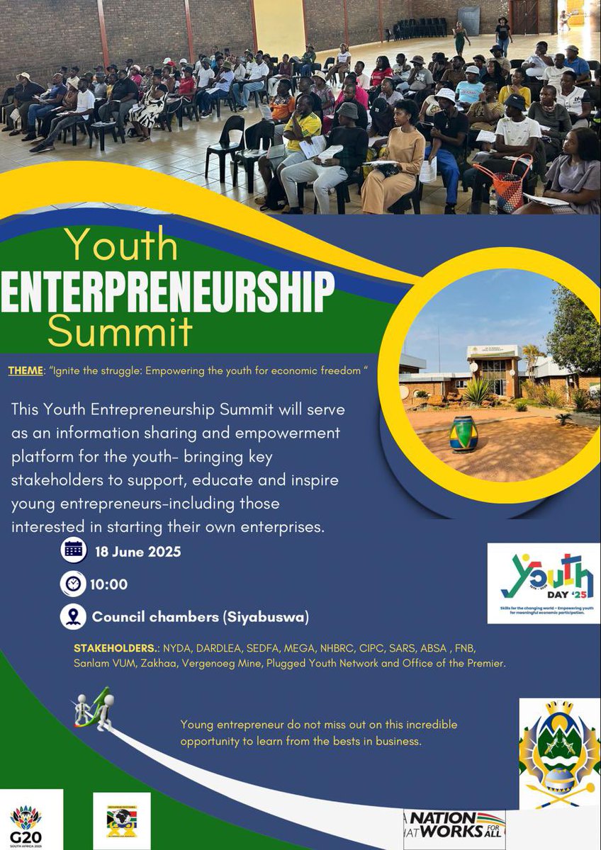 YOUTh MONTH ACTIVITIES 

Youth Entrepreneurship Summit 
#youthempowerment
#YouthMonth2025

SAYC Dr JS Moroka