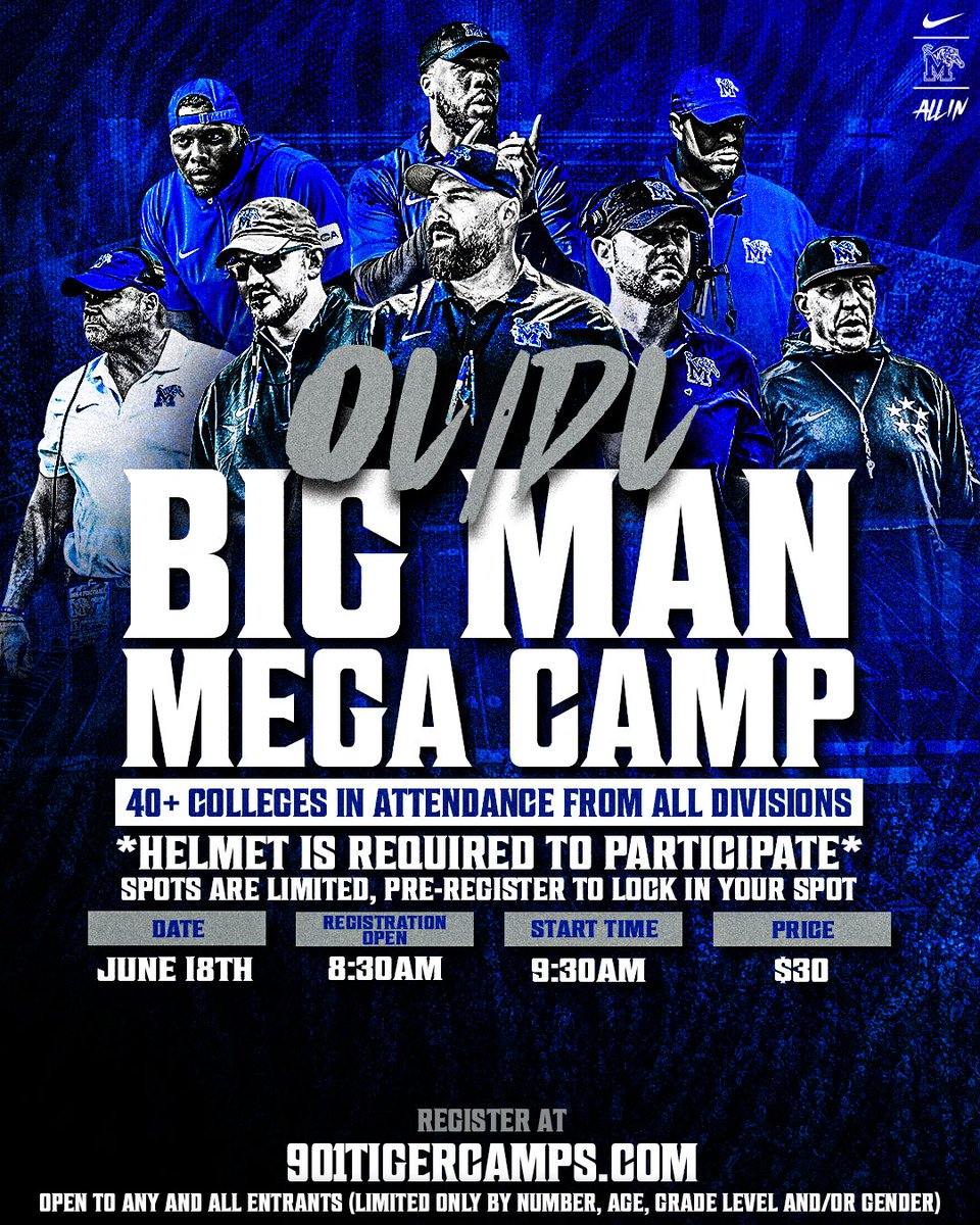 𝗕𝗶𝗴 𝗠𝗮𝗻 𝗠𝗲𝗴𝗮 𝗖𝗮𝗺𝗽 💪

Spots are limited, register today‼️

#ALLIN | #GoTigersGo

📎 901tigercamps.com