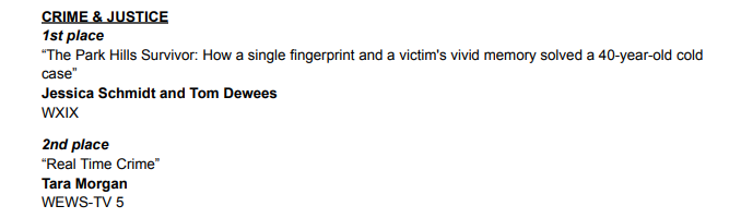 Thank you to <a href="/PressClubCle/">Press Club Cleveland</a> for awarding <a href="/FOX19/">FOX19 NOW</a> photographer Tom DeWees and I first place in the Crime &amp; Justice category in the All Ohio Excellence in Journalism Awards!