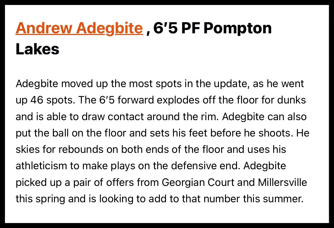 📝2026 Andrew Adegbite getting some much deserved recognition. The uber athletic forward has put the NJ basketball scene on notice this Spring showcasing his special combination of athleticism + knockdown shooting ability.