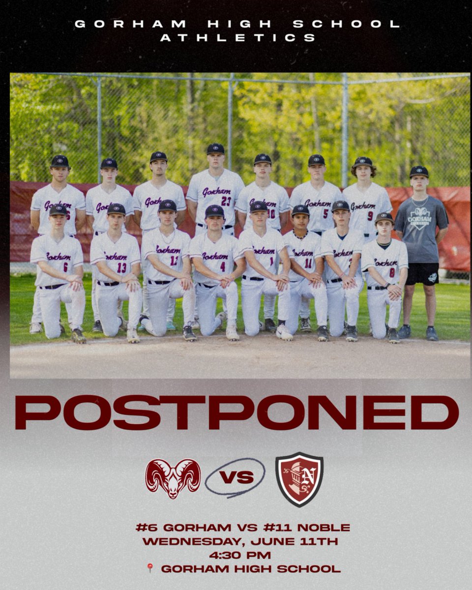 Due to the forecasted rain and poor field conditions, today's playoff baseball game vs. Noble is postponed to tomorrow.
#gorams