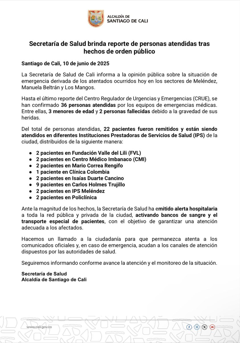 Desde la Secretaría Distrital de Salud de Cali entregamos el reporte oficial de personas atendidas tras los hechos de orden público registrados en la ciudad. 

Seguimos atentos y prestando atención oportuna a quienes lo necesiten. 🏥🚑