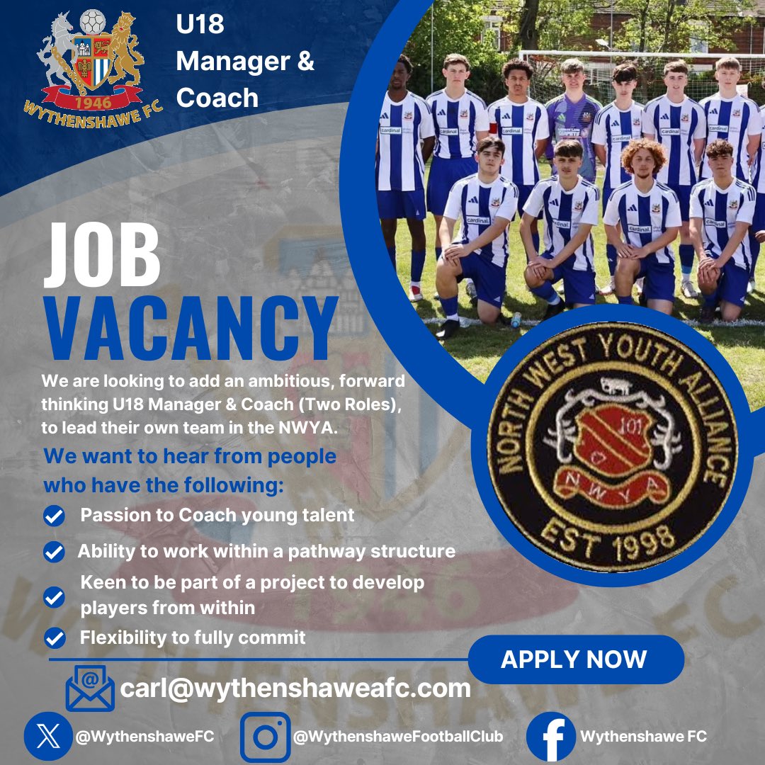 We’re looking to add two positive, ambitious people to our club coaching staff. 

We are looking for somebody to work closely with our 1st Team Manager, to allow a clear pathway for talent from within!

This role is Voluntary.

To apply, email Carl@Wythenshaweafc.com 🔵⚪️