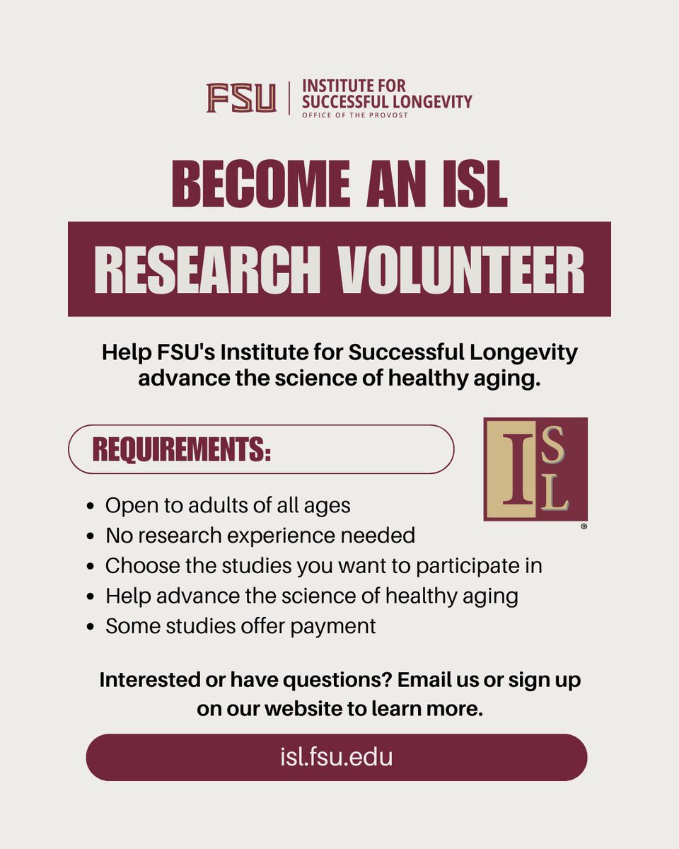islfsu's tweet image. Would you like to help FSU research on longevity?
🔗 Sign up to volunteer: isl.fsu.edu/registry/volun…
Check your profile or ongoing studies:
isl.cci.fsu.edu/account/partic…
Have questions?
Read our Volunteering FAQs (isl.fsu.acsitefactory.com/sites/g/files/…) or email us at isl@fsu.edu