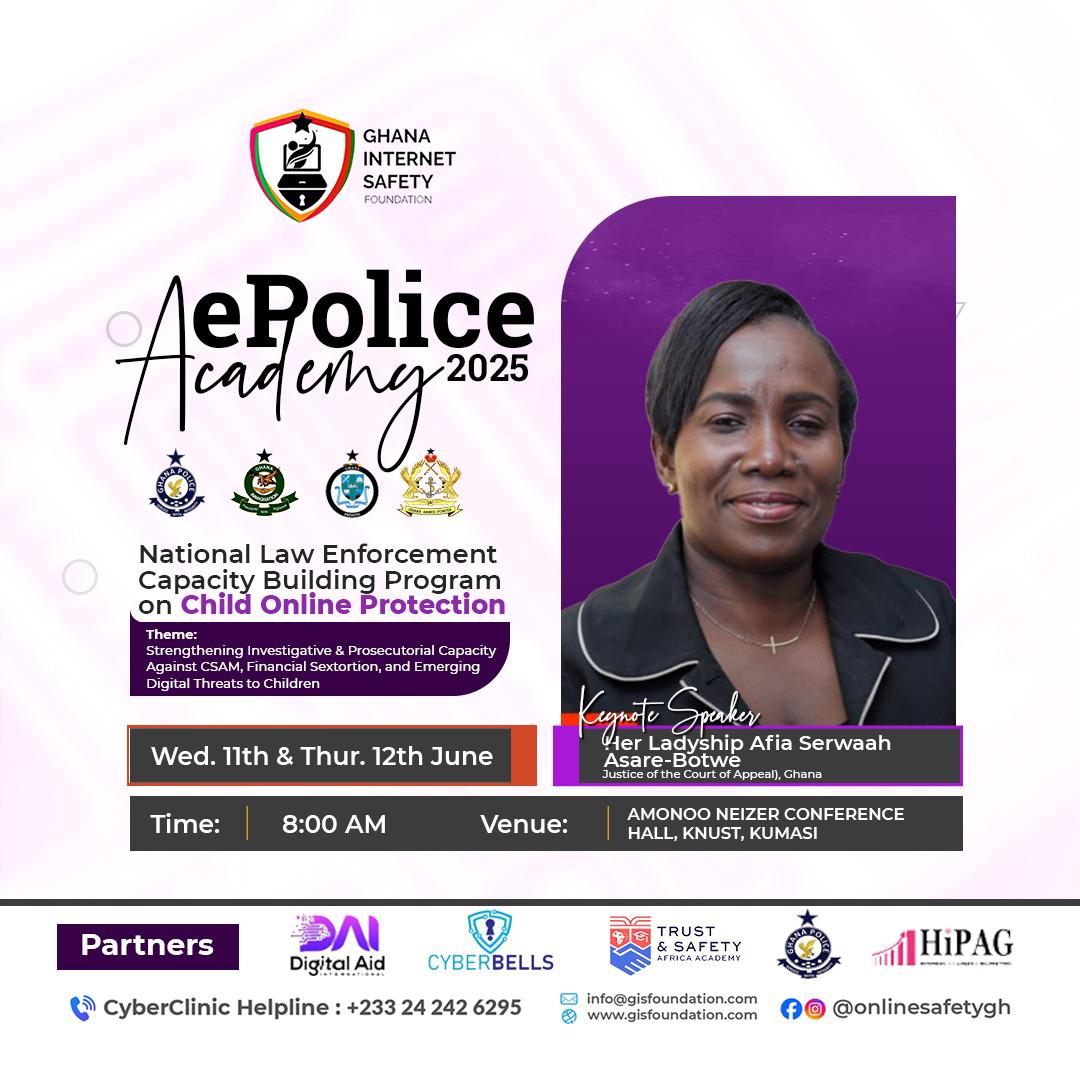 Together, we can create a safer online space for children! Join us on 11th &amp; 12th June at AMONOO NEIZER CONFERENCE HALL, KNUST, Kumasi. <a href="/OnlineSafetyGh/">Ghana Internet Safety Foundation</a> #EPoliceAcademy2025