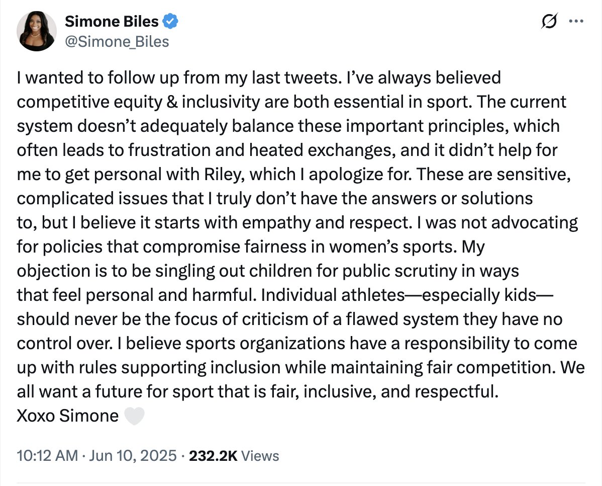 .<a href="/Simone_Biles/">Simone Biles</a> there isn't anything complicated about this issue. No one is being banned. Sex is binary. Boys can compete in boys. Everyone is included. Unless they aren't good enough to make the team. Which is competitive sports. 

To defend men who say they are women -- at the