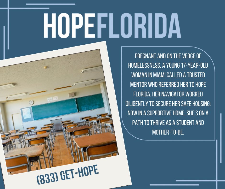 HopeFlorida's tweet image. Pregnant and on the verge of homelessness, a young 17-year-old woman in Miami called a trusted mentor who referred her to Hope Florida. Her Navigator worked diligently to secure her safe housing. Now in a supportive home, she’s on a path to thrive as a student and mother-to-be.