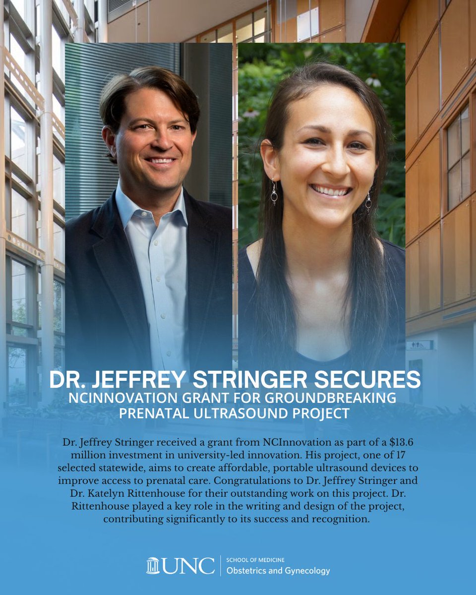 UNCOBGYN's tweet image. Congratulations to Dr. Jeffrey Stringer and Dr. Katelyn Rittenhouse of on receiving a prestigious NCInnovation grant! 🎉 Their groundbreaking work on low-cost, portable ultrasound technology is transforming access to prenatal care across North Carolina and beyond. 👶🩺…