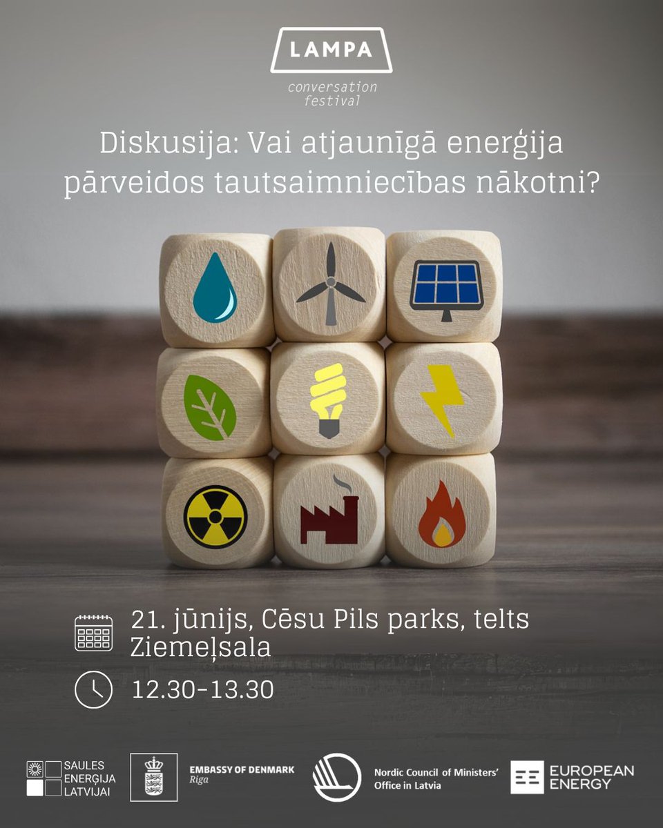 Kā ik gadu <a href="/FestivalsLAMPA/">Sarunu festivāls LAMPA</a> enerģētikai un ilgtspējai ir būtiska loma. Sestdienas (21.jūnija) rītā spriedīsim par atjaunīgās enerģijas nozīmi un tās ietekmi uz dažādām nozarēm Latvijā.
Tiekamies Cēsīs, ja neizdodas - būs arī tiešraide!
Vairāk informācijas: festivalslampa.lv/lv/programma/p…