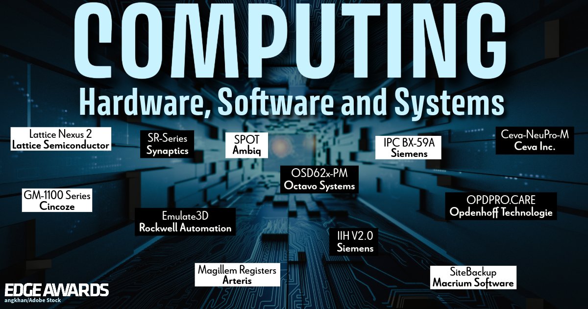 Electronic Design (@electronicdesgn) on Twitter photo The nominees for our #EDGEAwards #Computing Hardware, Software & Systems category include <a href="/latticesemi/">Lattice Semiconductor</a>, <a href="/SynaCorp/">Synaptics</a>, @ambiq_ai, <a href="/octavosystems/">Octavo Systems</a>, <a href="/Siemens/">Siemens</a>, <a href="/cincoze1/">Cincoze</a>, <a href="/CEVA_IP/">Ceva, Inc.</a>, <a href="/ROKAutomation/">Rockwell Automation</a>, <a href="/macrium/">Macrium Software</a>, Opdenhoff Technologie and <a href="/arteris_noc/">Arteris</a>! bit.ly/3SBEsdV The nominees for our #EDGEAwards #Computing Hardware, Software & Systems category include <a href="/latticesemi/">Lattice Semiconductor</a>, <a href="/SynaCorp/">Synaptics</a>, @ambiq_ai, <a href="/octavosystems/">Octavo Systems</a>, <a href="/Siemens/">Siemens</a>, <a href="/cincoze1/">Cincoze</a>, <a href="/CEVA_IP/">Ceva, Inc.</a>, <a href="/ROKAutomation/">Rockwell Automation</a>, <a href="/macrium/">Macrium Software</a>, Opdenhoff Technologie and <a href="/arteris_noc/">Arteris</a>! bit.ly/3SBEsdV