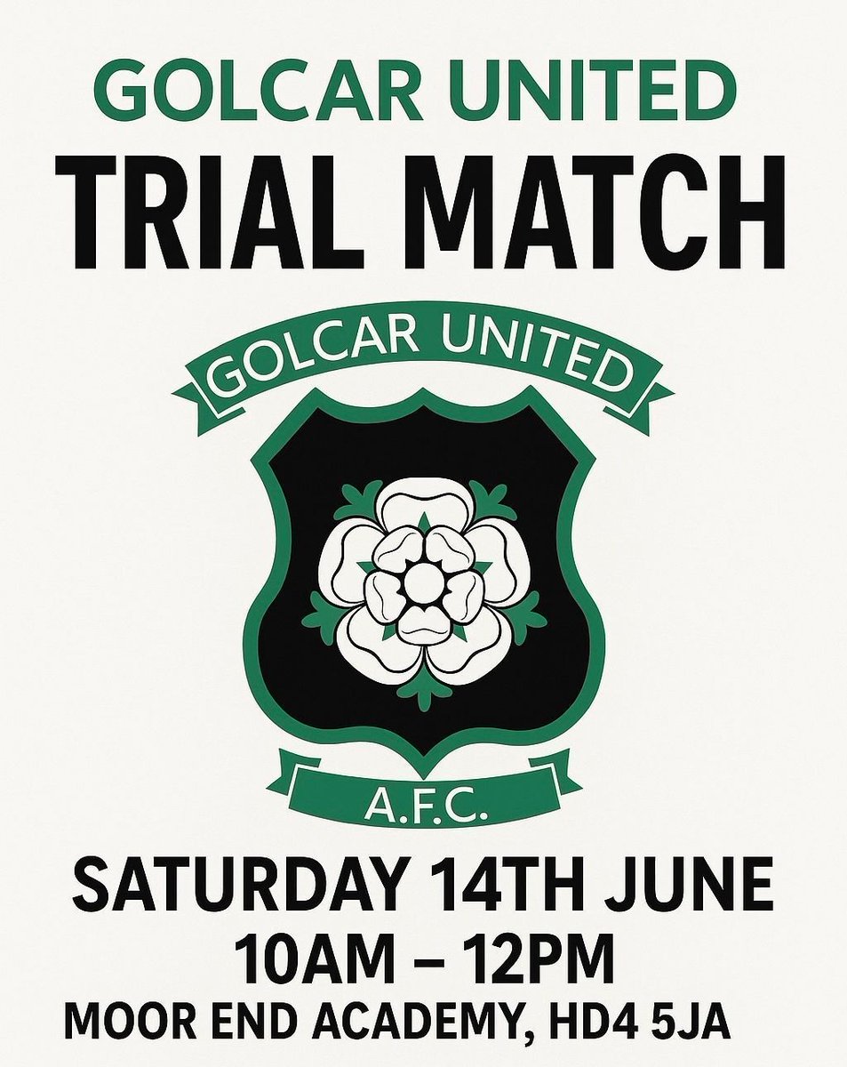 Golcar United A.F.C (@golcarunited) on Twitter photo Golcar United are hosting a trial match at Moor End Academy (HD4 5JA) THIS SATURDAY.
To register your interest:
Contact Ben Senior on 07825 744829
Or send a copy of your Football CV to:
Enquiries@GolcarUnited.co.uk or Joe_Skarz@hotmail.com
Up the Village ๐ขโซ๏ธ Golcar United are hosting a trial match at Moor End Academy (HD4 5JA) THIS SATURDAY.
To register your interest:
Contact Ben Senior on 07825 744829
Or send a copy of your Football CV to:
Enquiries@GolcarUnited.co.uk or Joe_Skarz@hotmail.com
Up the Village ๐ขโซ๏ธ
