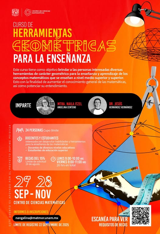 🎓Docentes de nivel medio superior y superior:
Curso Herramientas Geométricas para la Enseñanza.
Explora enfoques históricos, teóricos y prácticos para facilitar el aprendizaje visual y abstracto.
🧠👁️‍🗨️ ¡Transforma tu manera de enseñar!