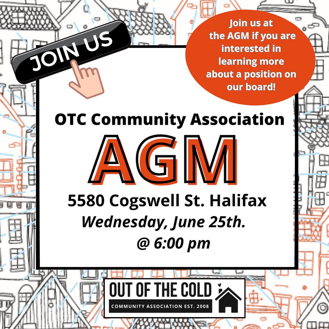 Out of the Cold Community Association (@otchfx) on Twitter photo Join us for our AGM. Wed., June 25th, 2025 at 6 pm. Hear about our work of the last year while looking to the year ahead. We’re looking for new board members & welcome folks to join us & learn more! Register at shelter@outofthecold-hfx.ca to receive the link to join us online. Join us for our AGM. Wed., June 25th, 2025 at 6 pm. Hear about our work of the last year while looking to the year ahead. We’re looking for new board members & welcome folks to join us & learn more! Register at shelter@outofthecold-hfx.ca to receive the link to join us online.