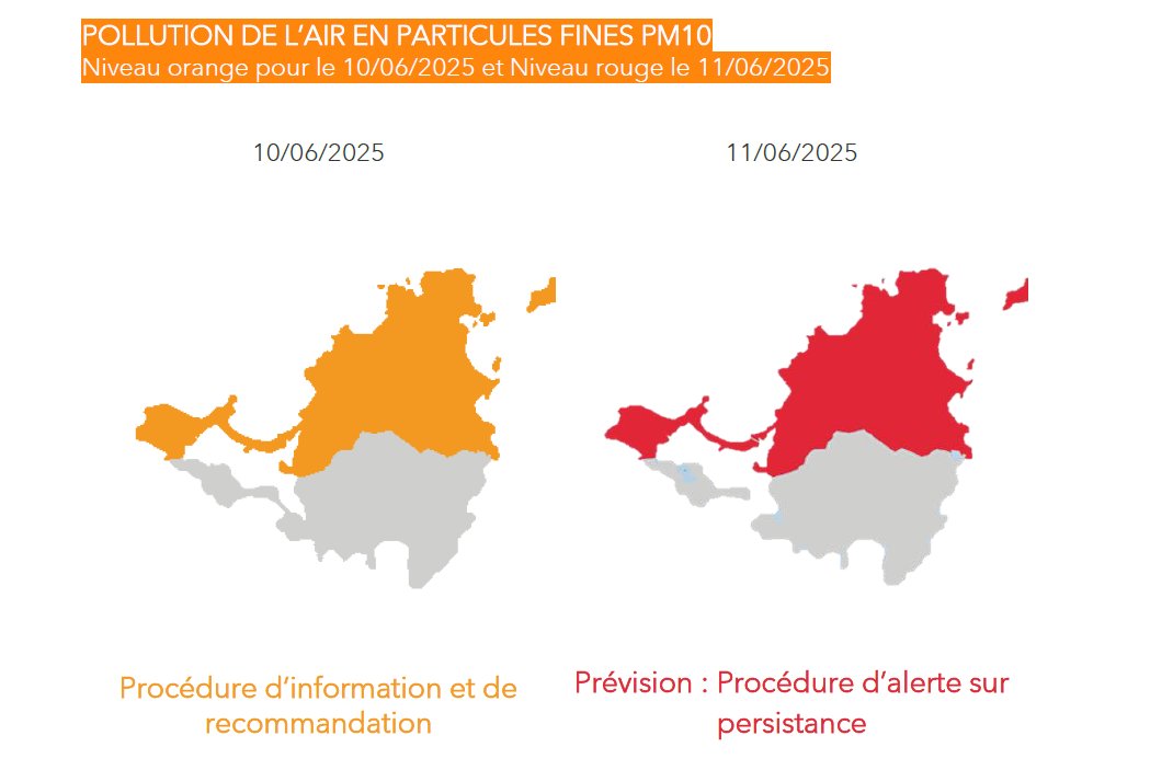 GWADAIR971's tweet image. [#picdepollution] Depuis hier, les brumes de sable s’accumulent au-dessus de nos têtes.

🔴 Pour le 2ème jour, la procédure d’informat° &amp;amp; recommandat° est activée en Guadeloupe et à Saint-Martin.  Des niveaux de PM10 supérieures au seuil de 50 μg/m3 sont attendues ce lundi.