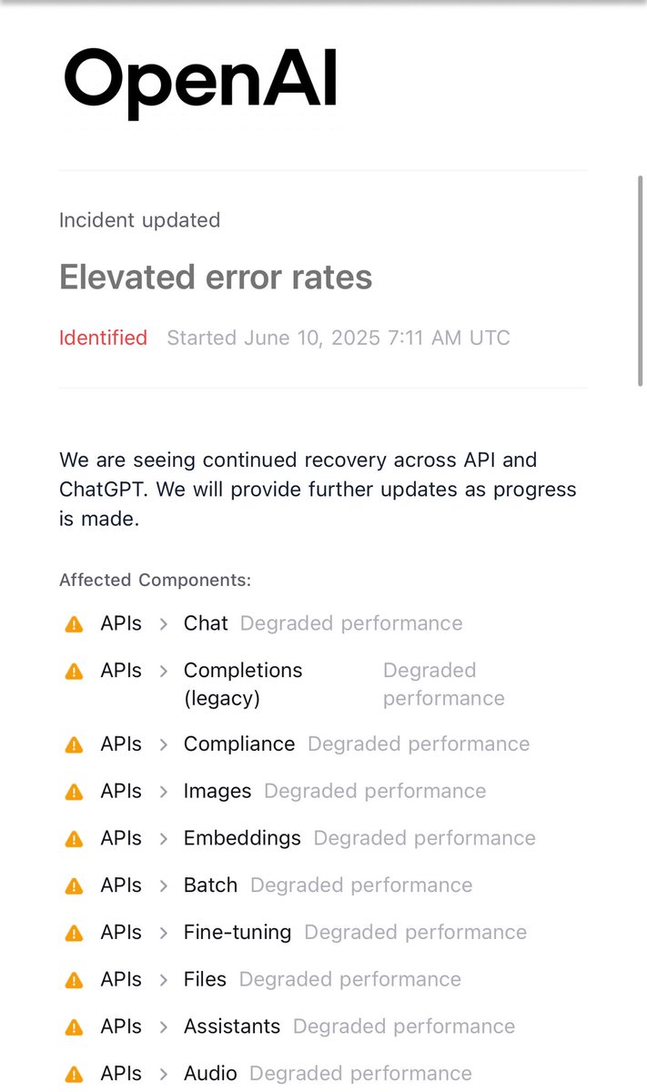 Aiopenmindsa's tweet image. 🚨 عاجل: إشعار هام من OpenAI 🚨
تدهور أداء و"ارتفاع معدلات الأخطاء" في #ChatGPT وخدمات #OpenAI_API. الشركة مازالت تعمل على استعادة الخدمات وستقدم تحديثات.
#الذكاء_الاصطناعي