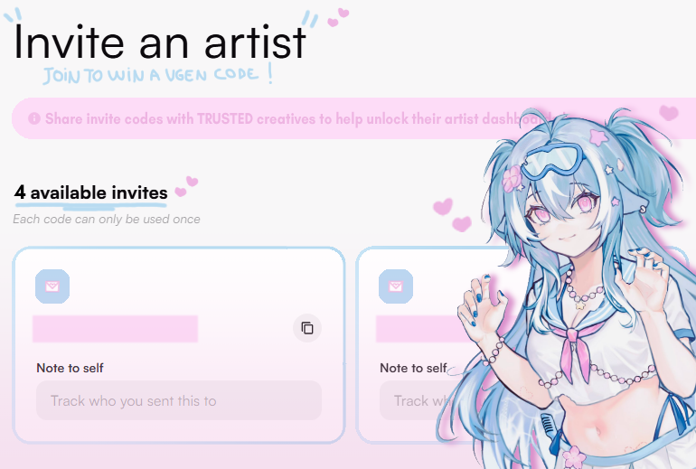💗 VGEN CODE GIVEAWAY ! 

To welcome my new Mascot &amp; thank you for your support I’m giving away 4 VGen codes ! 🎫

💗 To join
🐳Follow <a href="/vaelyatelier/">vaely 🐳💗 COMMS OPEN</a>
🐳Like &amp; Repost
🐳Post your artwork/portfolio in the replies
🐳Tag friends (Optional)

#VGen #VGenCode #artistsupport