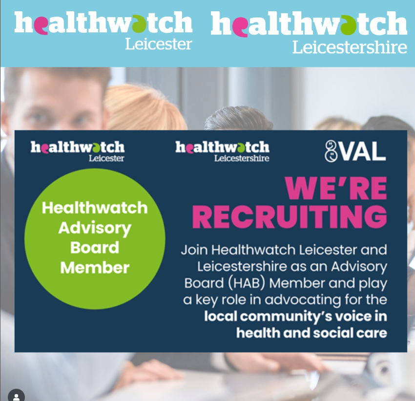 Healthwatch Leicester and Leicestershire (@healthwatchleic) on Twitter photo ✋Are you interested in making a difference in local health & care services?
We welcome you to invite our Advisory Board.
Please contact us for an informal conversation or for a recruitment pack
➡enquiries@healthwatchll.com or call 0116 257 4999 ✋Are you interested in making a difference in local health & care services?
We welcome you to invite our Advisory Board.
Please contact us for an informal conversation or for a recruitment pack
➡enquiries@healthwatchll.com or call 0116 257 4999