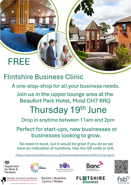 📍FSB North Wales is heading to the Flintshire Business Clinics on 19 June!

Drop in anytime between 11am–2pm at Beaufort Park Hotel, Mold for free support &amp; advice from FSB &amp; key partners

🔗 go.fsb.org.uk/4dlojm9

📅 19 June | 🕚11am-2pm | 🗺️Mold

#BusinessSupport #Flintshire