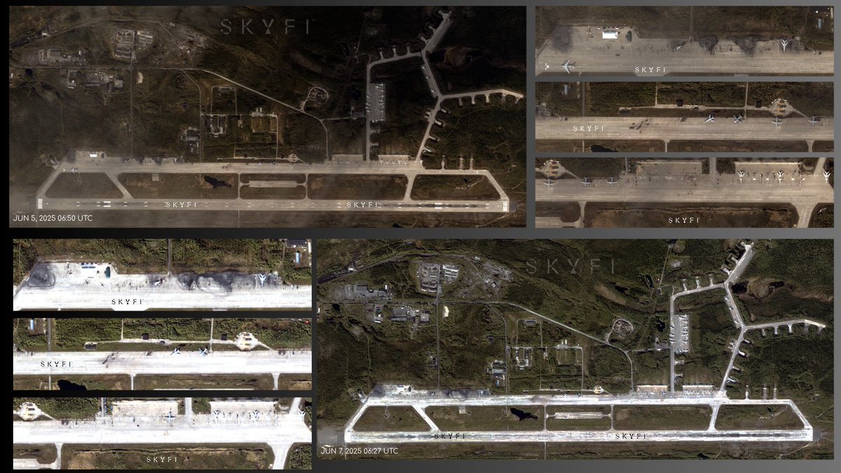🇷🇺Olenya Airbase🇷🇺
Cleanup continues at Olenya in Murmansk Oblast post the super successful 🇺🇦strikes

50cm📷 from 5 June | 7 June respectively give a view of what remains at the airbase

1x Tu-95 leaving on 5 June with none present on 7 June

Still a bunch of Tu-22s, but who