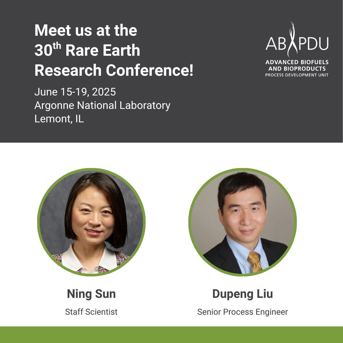 ABPDU (@abpdu) on Twitter photo Attending the 30th Rare Earth Research Conference at <a href="/argonne/">Argonne National Lab</a> this week?
Meet with #ABPDU researchers Ning Sun & Dupeng Liu at the conference and attend our talk on June 18 to learn more about our research on #RareEarthElement recovery. anl.gov/rerc30 <a href="/BerkeleyLab/">Berkeley Lab</a> Attending the 30th Rare Earth Research Conference at <a href="/argonne/">Argonne National Lab</a> this week?
Meet with #ABPDU researchers Ning Sun & Dupeng Liu at the conference and attend our talk on June 18 to learn more about our research on #RareEarthElement recovery. anl.gov/rerc30 <a href="/BerkeleyLab/">Berkeley Lab</a>