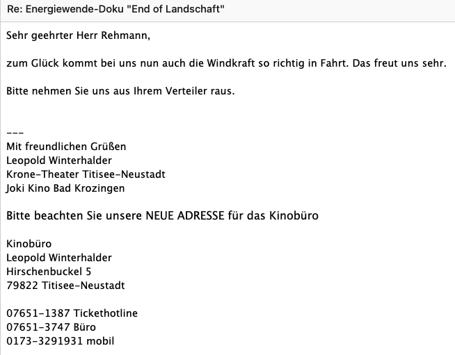 Joerg_Rehmann's tweet photo. 📽️Was ein Kinobetreiber in Bad #Krozingen auf meine Anfrage antwortete: es gab viele Bürger, die unsere Doku zur #Energiewende vor Ort sehen wollten. Es steht dem Mann natürlich frei, sein Programm zusammenzustellen. Die Mehrzahl der Kinobetreiber, und ich kenne wirklich viele, stehen für Neutralität und Ausgewogenheit von Programm und Themen. Dieser hier nicht. Und von den ökonomischen Fakten des Themas hat er auch keine Ahnung. Abspeichern! #Kino https://t.co/qplJcK1TQ2