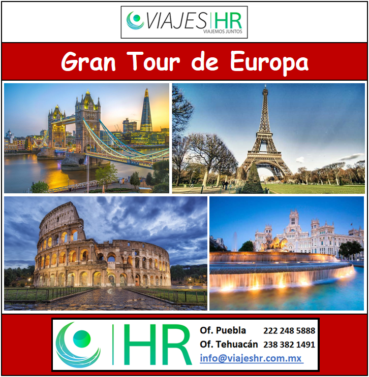 ‘Gran Tour de Europa’. Extenso viaje de 19 días / 17 noches con destacados destinos como Londres, París, Roma, Madrid, Frankfurt, Lucerna, Innsbruck, Venecia, Barcelona y mucho más. Tarifa desde $2,698 USD. ¡Incluye aéreo!

VIAJES HR
¡Viajemos Juntos!