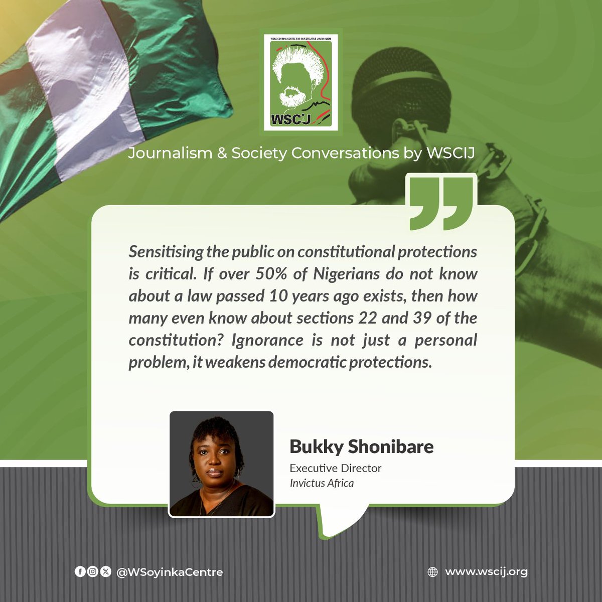Wole Soyinka Centre (@wsoyinkacentre) on Twitter photo When knowledge is low, democratic safeguards are weakened. <a href="/BukkyShonibare/">Bukky Shonibare</a> advocates public education & awareness on constitutional rights, especially press freedom.
#WSCIJConversations When knowledge is low, democratic safeguards are weakened. <a href="/BukkyShonibare/">Bukky Shonibare</a> advocates public education & awareness on constitutional rights, especially press freedom.
#WSCIJConversations