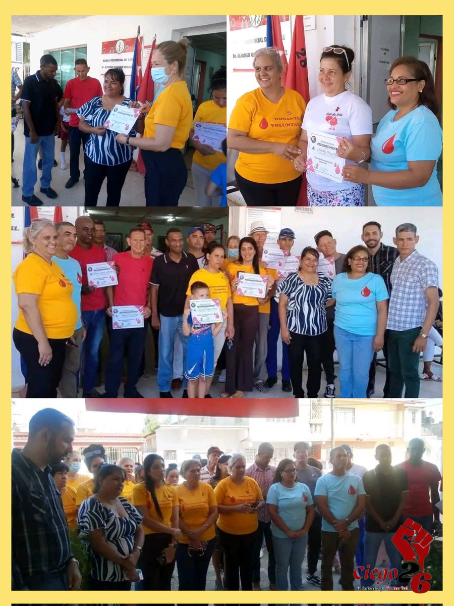julio Heriberto Gómez Casanova (@jhgcasanova) on Twitter photo En el marco de la jornada del Donante Voluntario de Sangre, son reconocidos en #CiegodeAvila por su destacada contribución a este altruista gesto. ¡Muchas felicidades!. #SalvarSangreSalvaVidas #CiegoEn26 #LatirAvileño <a href="/DiazCanelB/">Miguel Díaz-Canel Bermúdez</a> <a href="/DrRobertoMOjeda/">Dr. Roberto Morales Ojeda</a> <a href="/PartidoPCC/">Partido Comunista de Cuba</a> <a href="/cdr_cuba/">CDR de Cuba</a> En el marco de la jornada del Donante Voluntario de Sangre, son reconocidos en #CiegodeAvila por su destacada contribución a este altruista gesto. ¡Muchas felicidades!. #SalvarSangreSalvaVidas #CiegoEn26 #LatirAvileño <a href="/DiazCanelB/">Miguel Díaz-Canel Bermúdez</a> <a href="/DrRobertoMOjeda/">Dr. Roberto Morales Ojeda</a> <a href="/PartidoPCC/">Partido Comunista de Cuba</a> <a href="/cdr_cuba/">CDR de Cuba</a>
