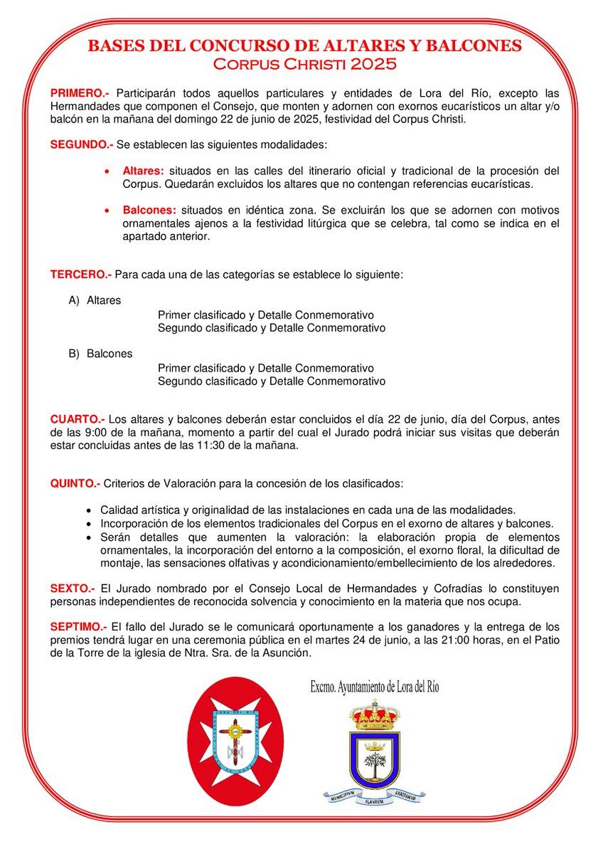 Concurso de Altares y Balcones, Corpus Christi Lora del Río 2025 
Se adjuntan las bases para la participación en el Concurso de Altares y Balcones, indicando los horarios y criterios de valoración a tener en cuenta. Como novedad, atención al “Punto Séptimo” de entrega de premios.