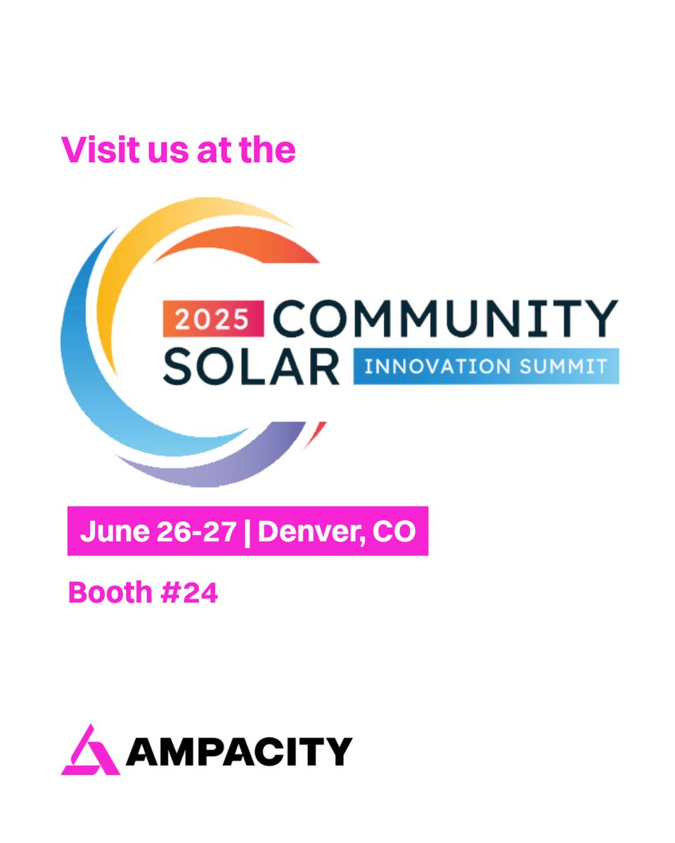 ampacity_llc's tweet photo. The Ampacity team is heading to the #CommunitySolarSummit in Denver, Colorado, this June. We're looking forward to connecting with fellow industry leaders to discuss what’s next for community and distributed solar. If you'll be there, stop by Booth 24. #CSIS2025 https://t.co/GlZVg5oxEL