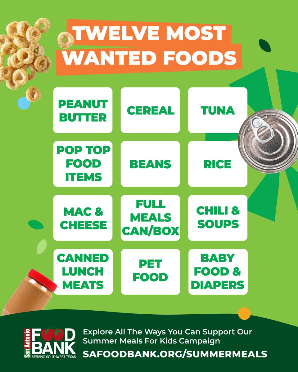 Summer Meals for Kids is here, and food donations are essential to helping us close the summer meal gap for children in need.🥫

Unsure what to donate? Check out our 12 Most Wanted Food Items! 🍎
Learn more at safoodbank.org/summermeals 🧃