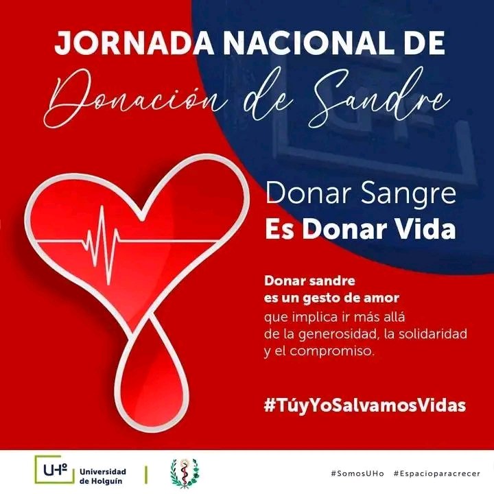 La Jornada Nacional de Donación de Sangre. Felicidades donantes 
"Donar sangre es ir más allá de la generosidad: es un acto de amor y de altruismo  que salva vidas"
#PorCubaJuntosCreamos
#HolguinSi