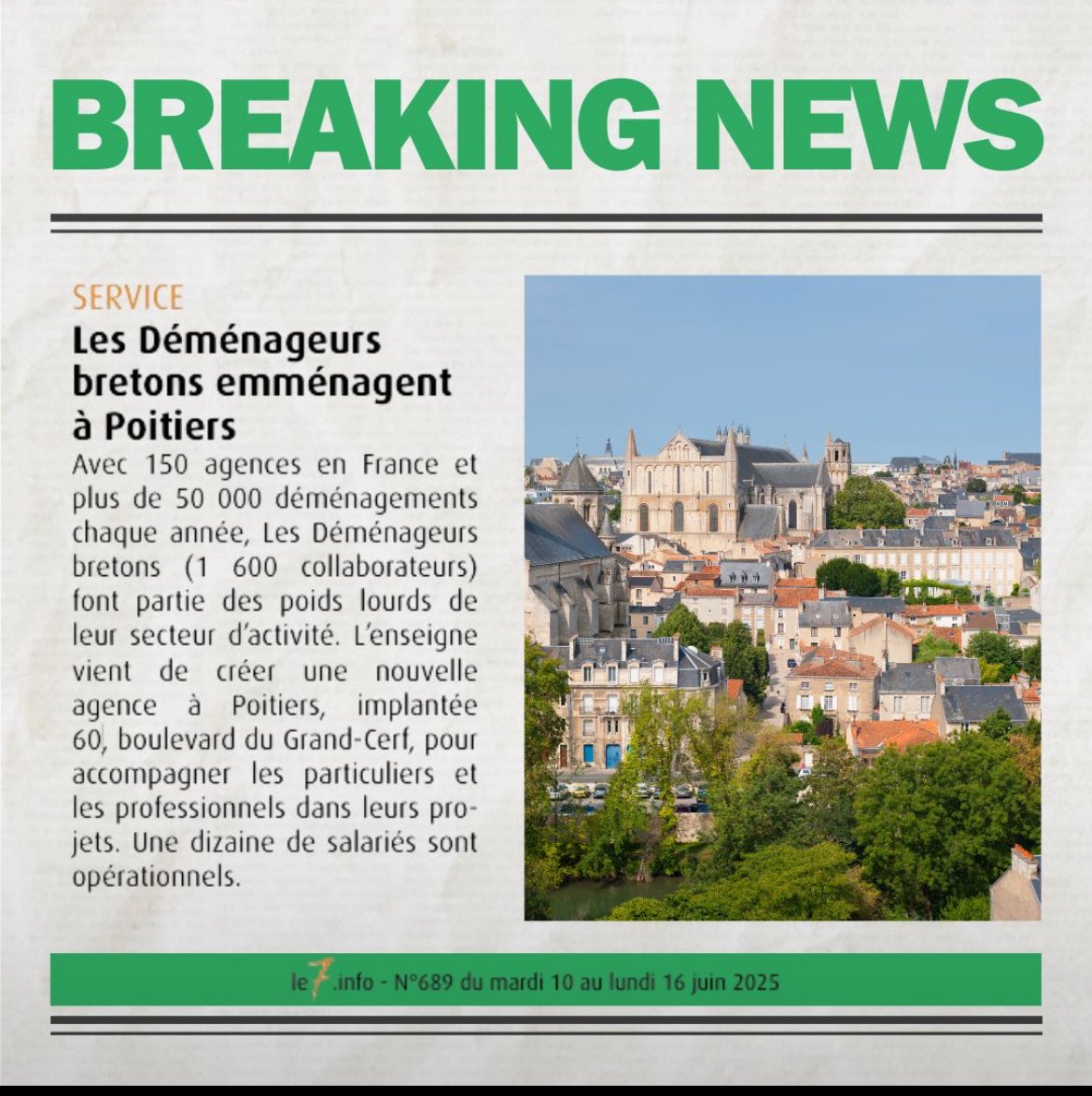Les déménageurs bretons s’agrandissent et arrivent à Poitiers ! 🚛💚
Vous prévoyez un déménagement dans la région ou aux alentours ? Faites confiance à notre expertise et à notre équipe professionnelle, sérieuse et souriante pour un service clé en main !