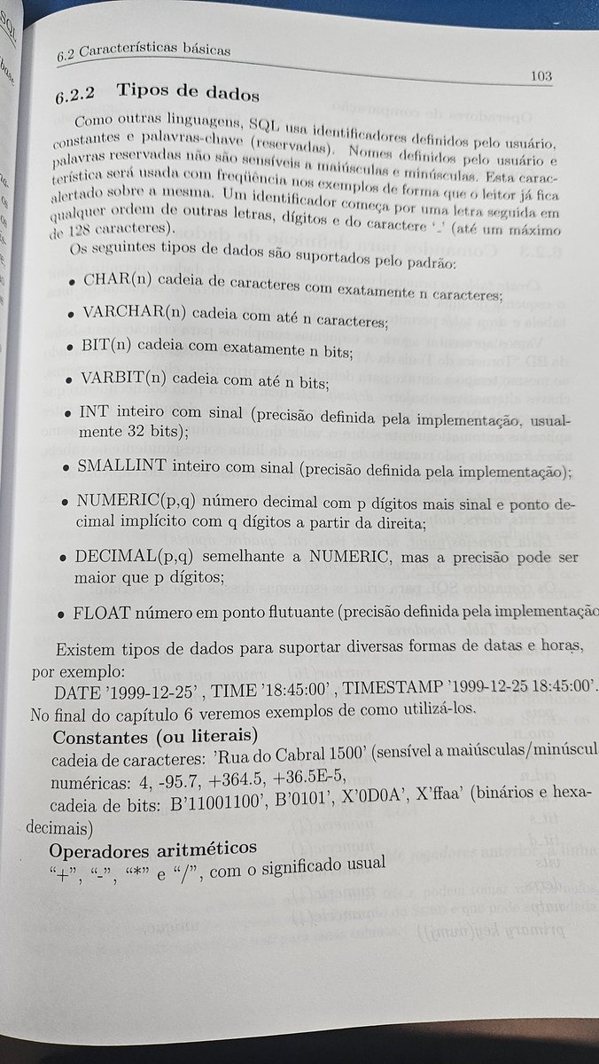Pinheiro314n's tweet image. Tipo de dados na linguagem SQL:

- CHAR
- VARCHAR
- BIT
- VARBIT
- INT
- FLOAT

E mt mais
