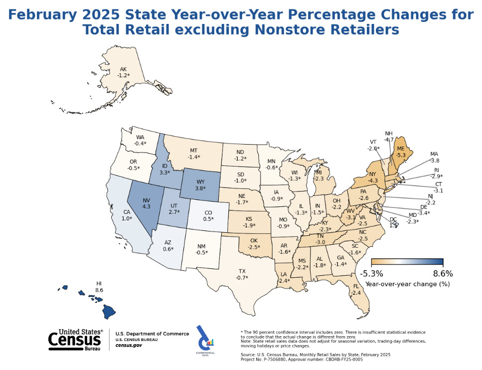 February 2025 monthly state-level retail sales are now available.

census.gov/retail/state_r…

#CensusEconData #MSRS #MonthlyStateRetailSales #RetailSales