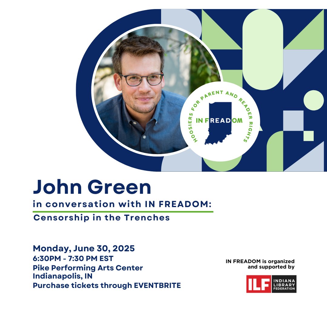 🎤 Inspiration is waiting. Join John Green and Indiana FREADOM to Read on June 30, 2025, for a powerful conversation on the frontlines of censorship. Doors open at 5:30 PM—don’t miss it!

🎟️ Grab tickets here: bit.ly/INFREADOMJG2025  #INFREADOM #JoinTheMovement