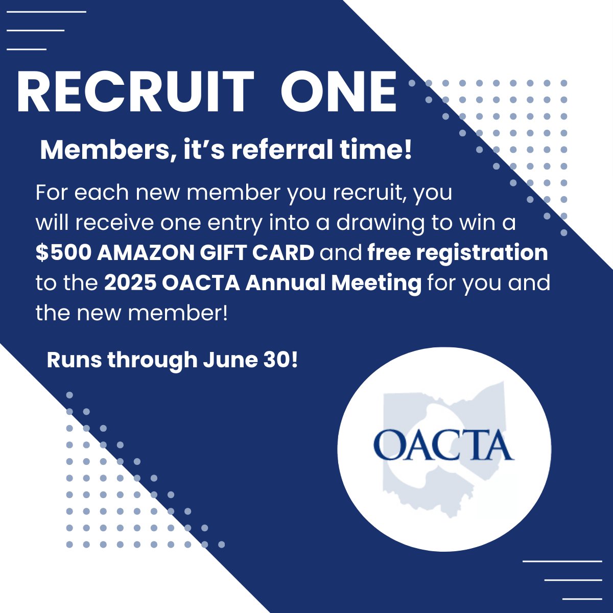 Members, help build our community by referring industry friends &amp; colleagues to #OACTA! With each new #OACTAMembership, you’ll be entered to win a $250 Amazon gift card, and both will receive admission to the 2025 #OACTAAnnualMeeting. Deadline is June 30! oacta.memberclicks.net/member-benefits