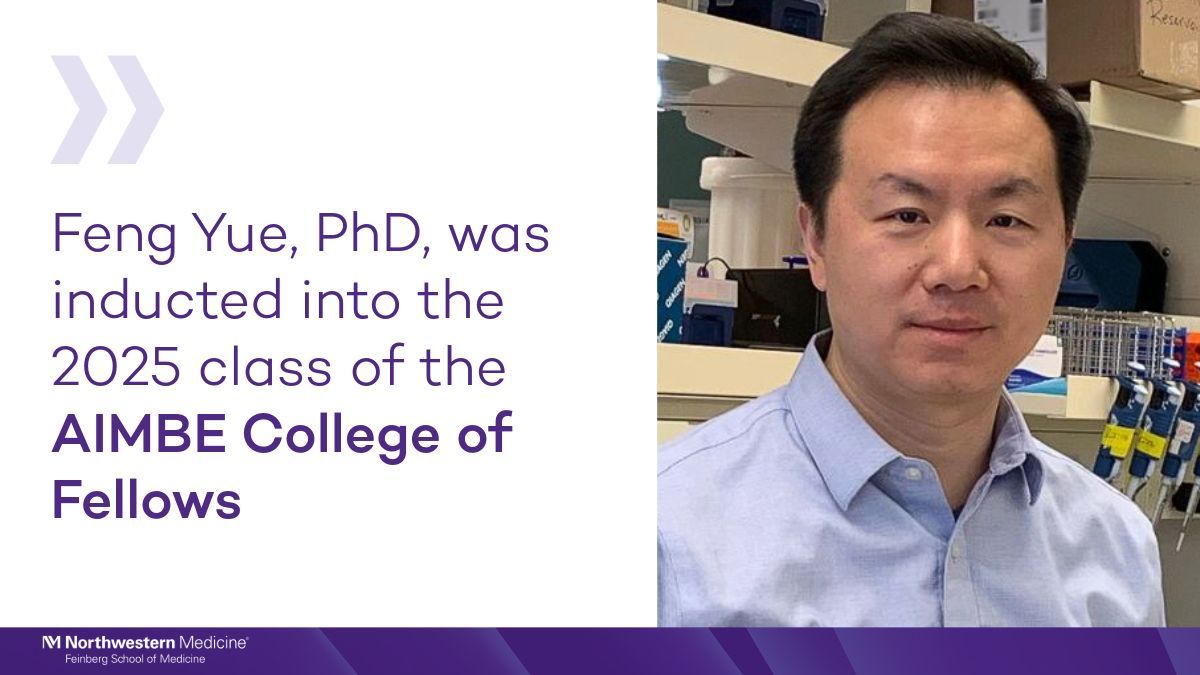NU_BSA's tweet image. Feng Yue (@yuefeng_1), PhD, professor of Biochemistry and Molecular Genetics, has been inducted into the 2025 class of the American Institute for Medical and Biological Engineering (@aimbe) College of Fellows. tinyurl.com/2w256kex